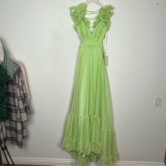 NEW Mac Duggal Indy Ruffle Tiered Cutout Chiffon Gown Mint Green Maxi Dress 4 - Picture 4 of 15